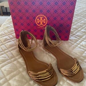 Tory Burch Tan Braided Ankle-Wrap Sandals with Gold Accents